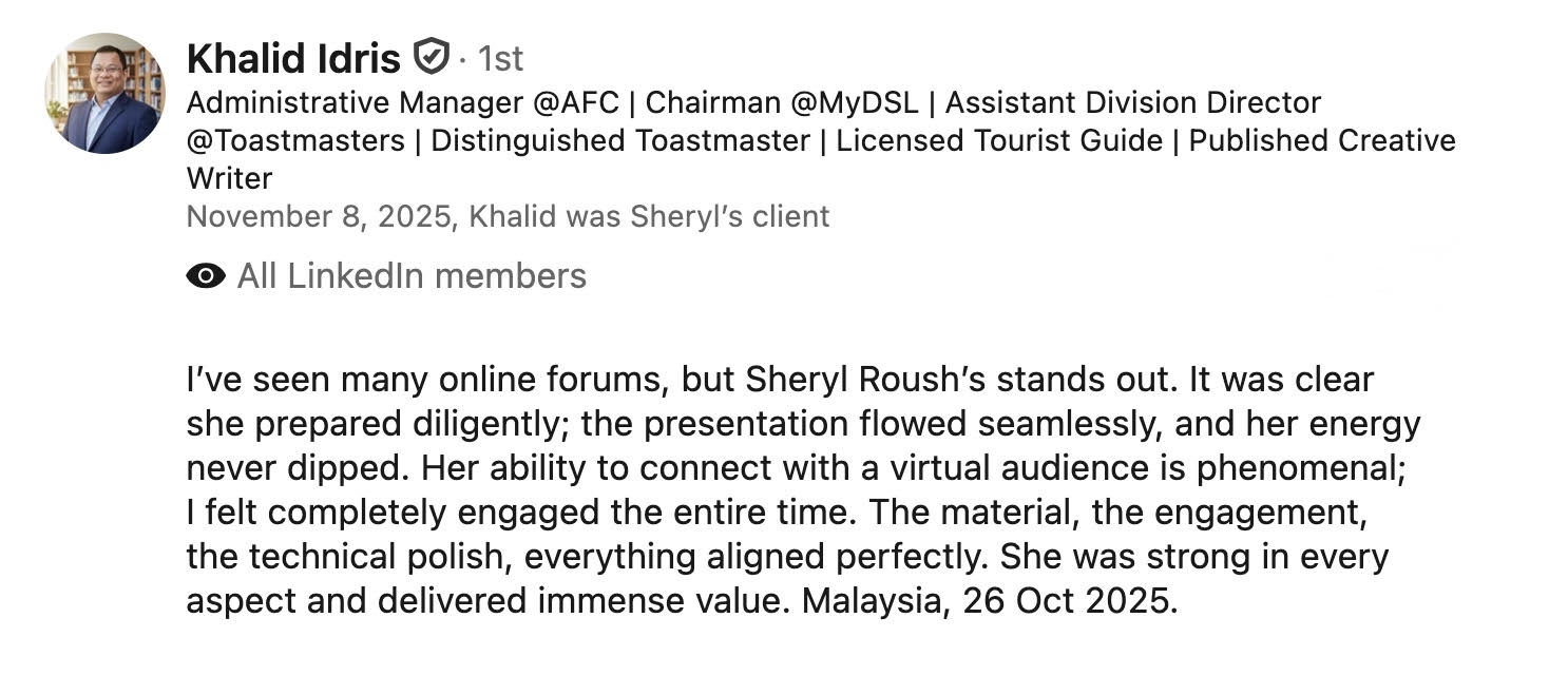Sheryl Roush presents tailored online session for Malaysia